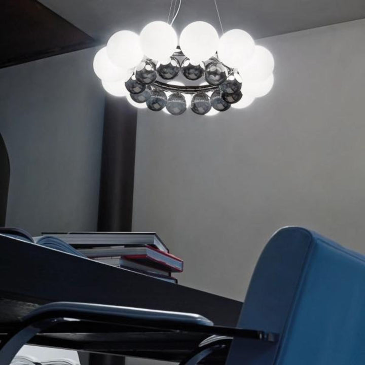 Bottom view of Victoria Pearl LED ceiling light showing pearl-accented glass globes and sleek modern design for elegant interiors