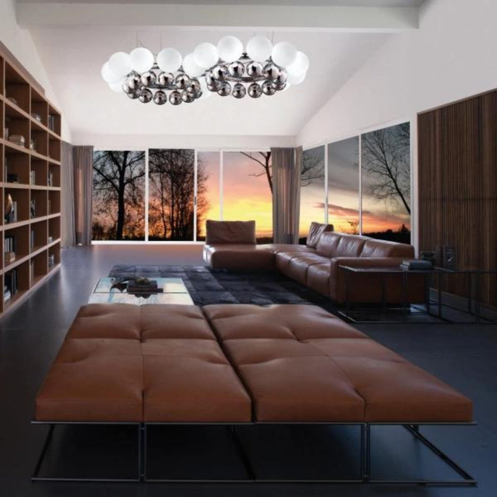 Victoria Pearl LED ceiling light installed in a modern living room, featuring elegant pearl-accented globes and providing warm ambient lighting