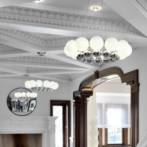 Victoria Pearl LED ceiling light, featuring a sleek circular design with pearl-like glass globes and a polished chrome finish, ideal for modern interiors