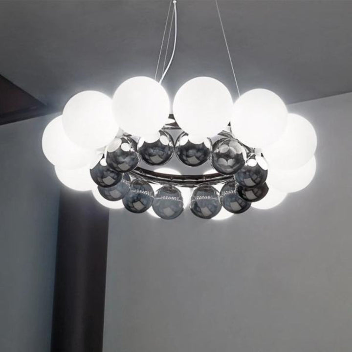 Bottom view of Victoria Pearl LED ceiling light showcasing its circular design and pearl-accented glass globes, perfect for elegant modern interiors