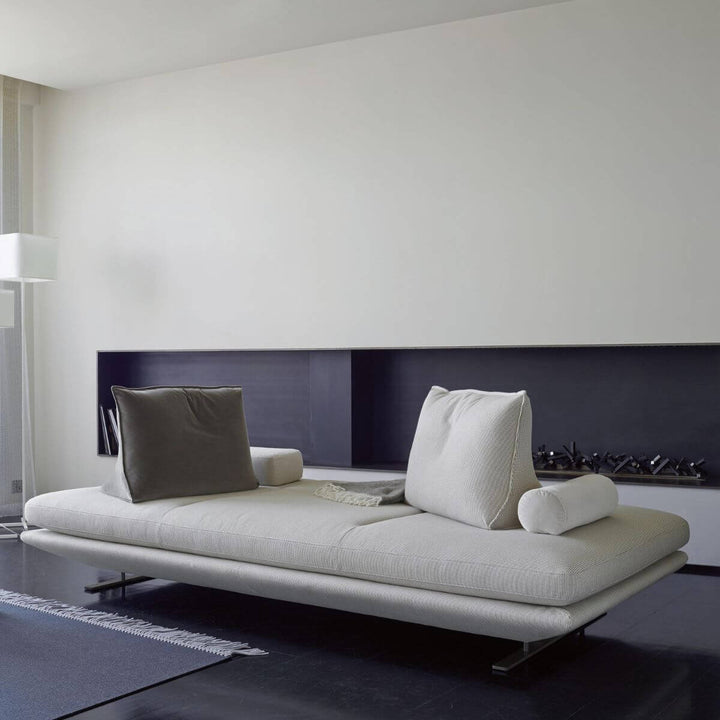 KS135 Eclipse no-backrest fabric sofa in a stylish living room, featuring minimalist design and comfortable upholstered seating for contemporary interiors