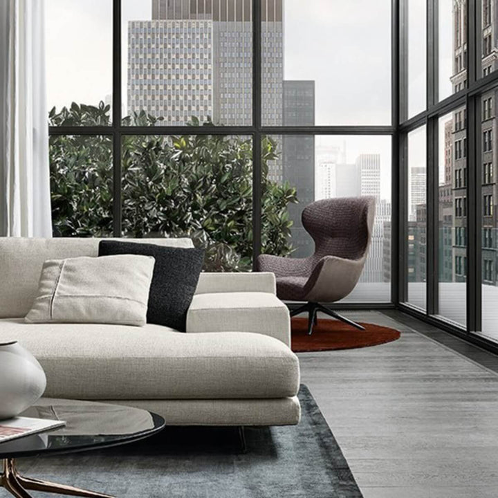 Elegant side angle of Elysian Elegance cotton linen sofa in contemporary living room