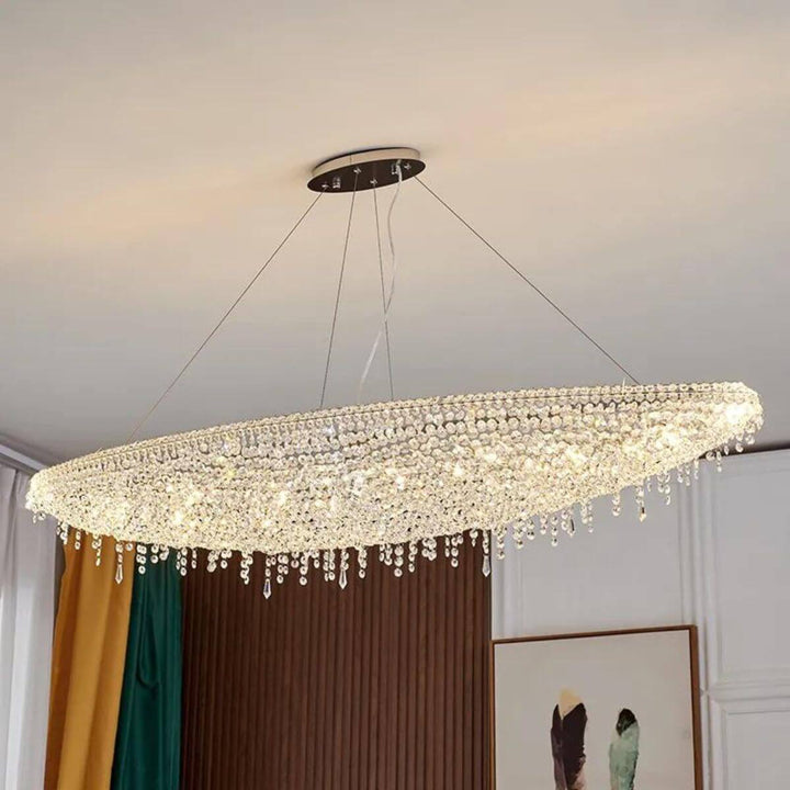 Front view of Zodiac crystal chandelier light, featuring dazzling crystals and sophisticated design