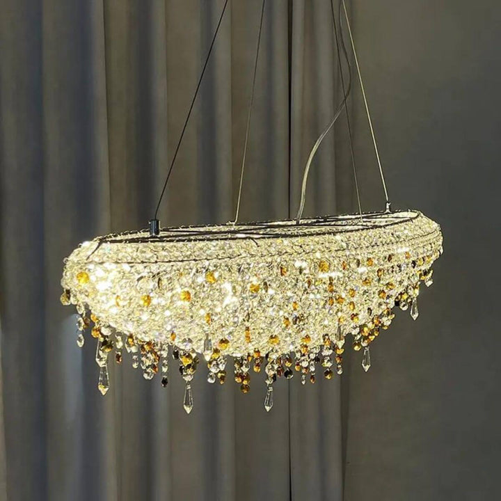 Upper front view of Zodiac crystal chandelier light showcasing sparkling crystals and elegant design