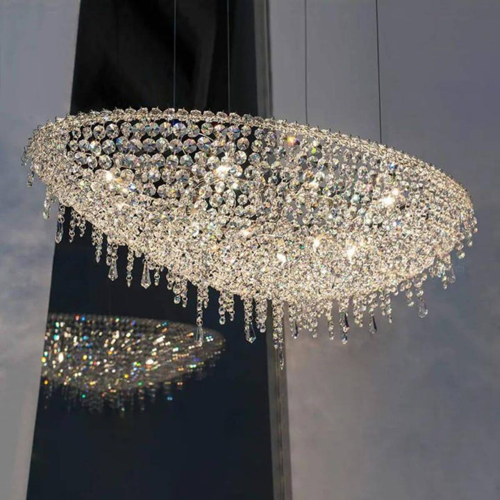 Bottom view of Zodiac crystal chandelier light highlighting intricate crystal arrangement and craftsmanship