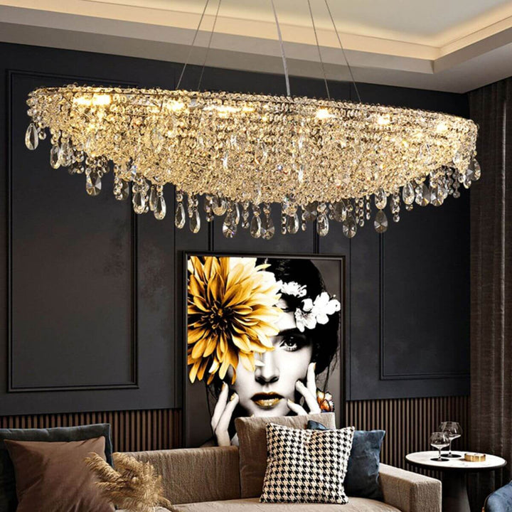 Zodiac crystal chandelier light illuminating stylish living room with elegant and modern ambiance
