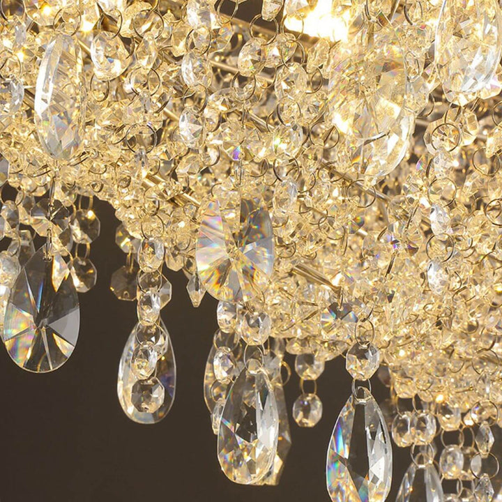 Bottom detail view of Zodiac crystal chandelier light highlighting intricate crystal patterns and clarity