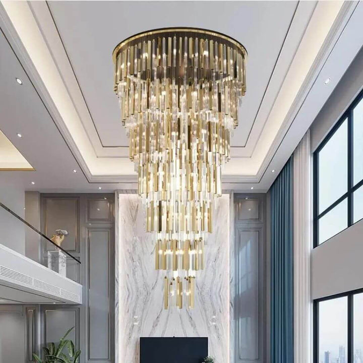 Front view of Mirage long crystal chandelier light, featuring dazzling crystals and elegant design