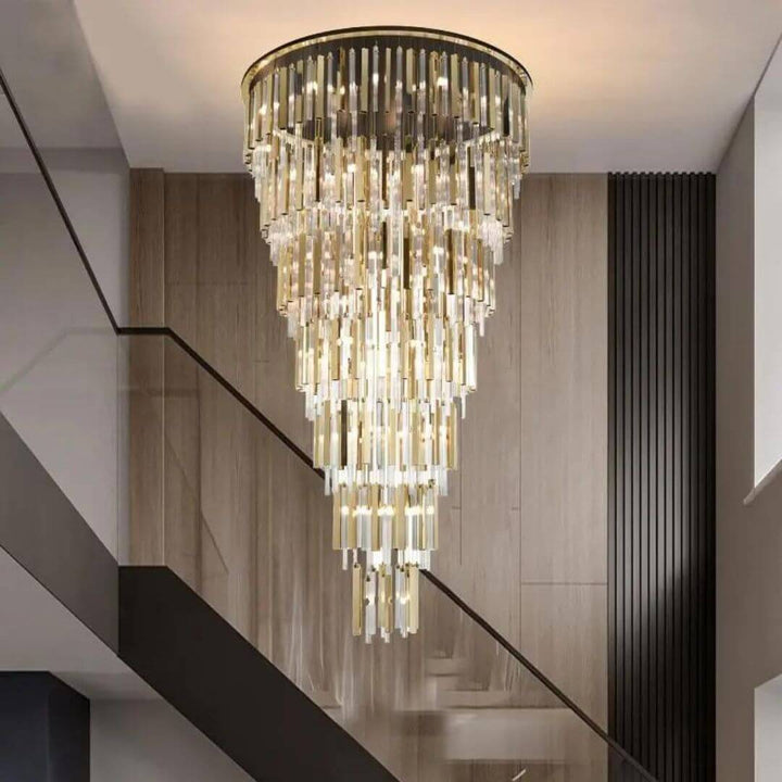 Front view of Mirage long crystal chandelier light, showcasing elegant sparkle and luxurious design