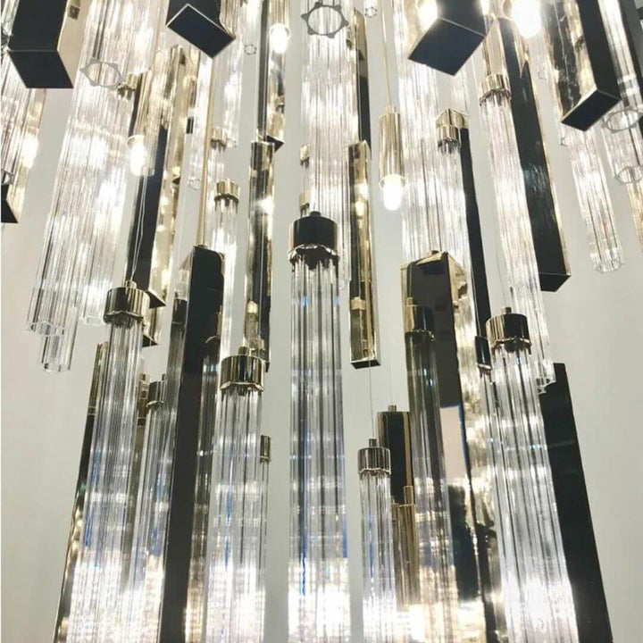 Close-up details of Mirage long crystal chandelier light showcasing sparkling crystals and intricate design