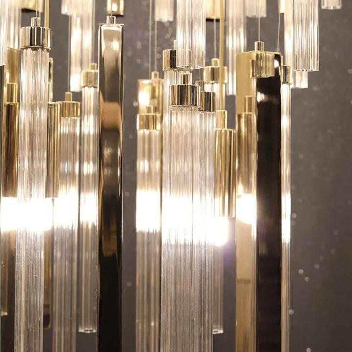 Detailed view of Mirage long crystal chandelier light highlighting sparkling crystals and craftsmanship