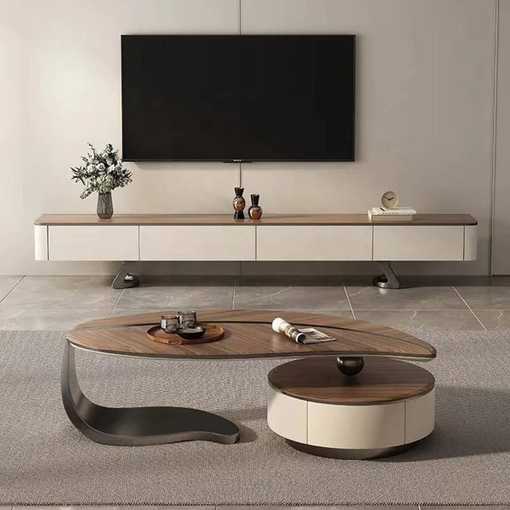 Leaf customised coffee table and TV unit set showing side view, highlighting natural wood grain and minimalist modern design for elegant living spaces