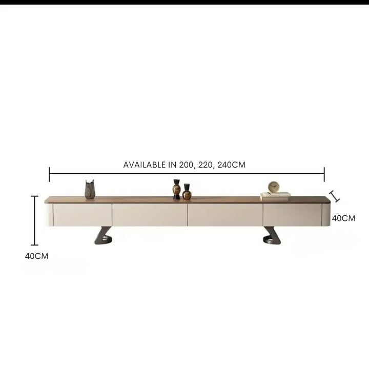 Leaf customised coffee table and TV unit available in lengths of 200cm, 220cm, and 240cm with 40cm depth, featuring natural wood finish and modern minimalist design