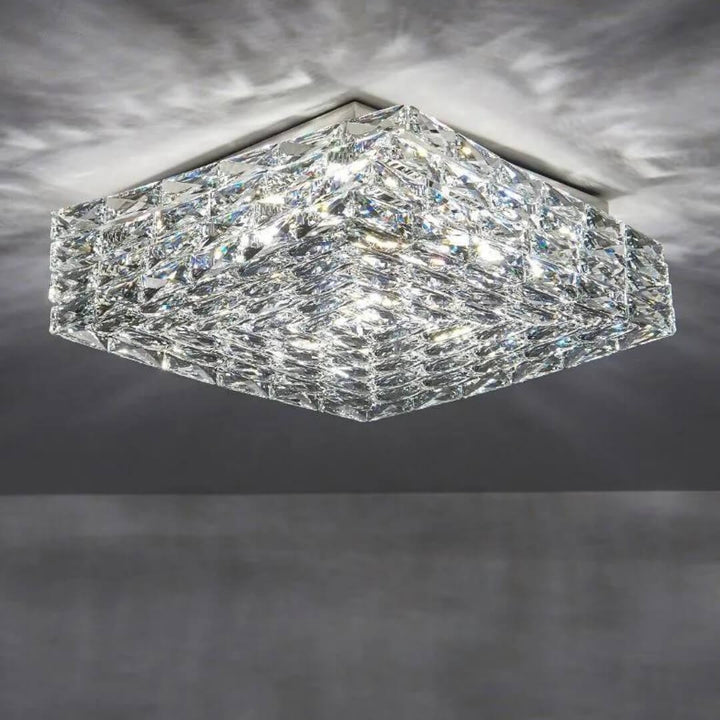 Laminated crystal ceiling light with layered design, emitting sparkling illumination for elegant interior spaces