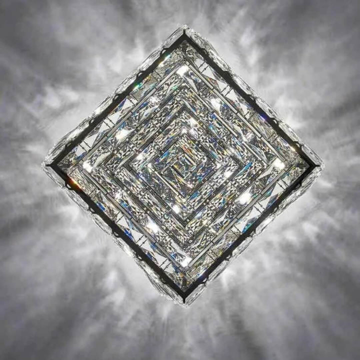 Bottom view of laminated crystal ceiling light showcasing layered crystal design and elegant illumination