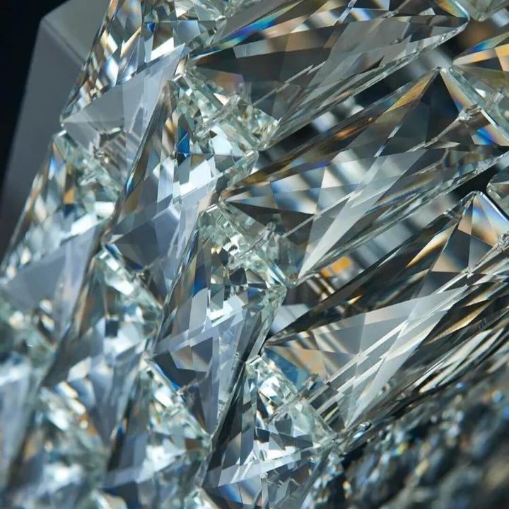 Close-up detail view of laminated crystal ceiling light highlighting intricate crystal layering and sparkling facets
