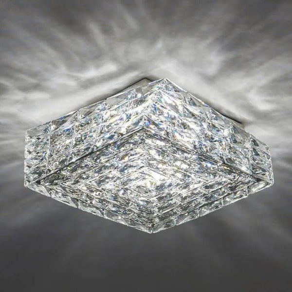 Laminated crystal ceiling light with layered design, emitting sparkling illumination for elegant interior spaces