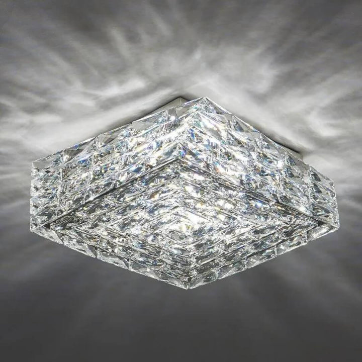 Laminated crystal ceiling light with layered design, emitting sparkling illumination for elegant interior spaces