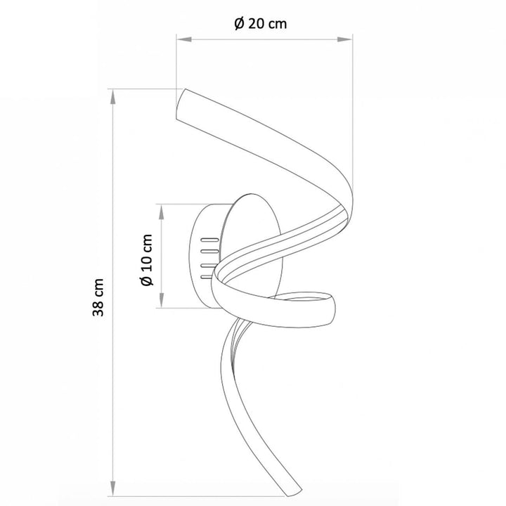 Diagram of Lara gold spiral LED wall light showing design and dimensions in elegant interior