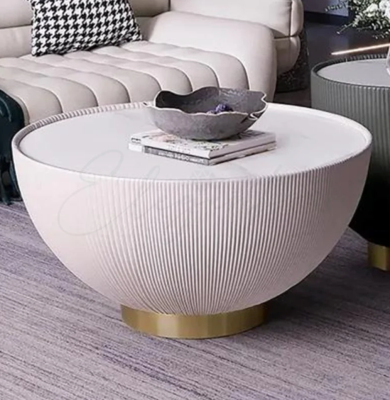 Large drum-style wooden coffee table with round shape, perfect as a living room centerpiece