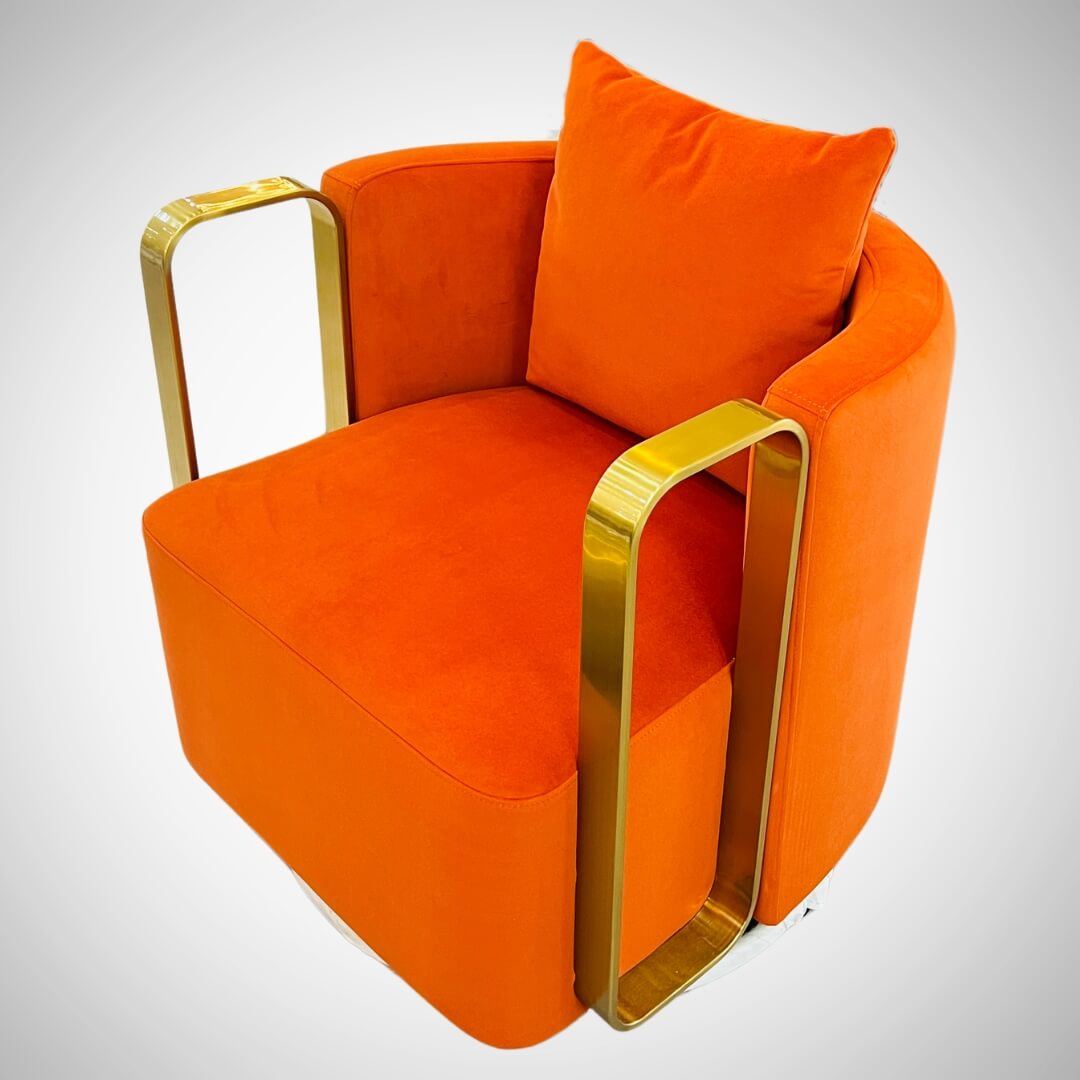 Lounge Swivel Armchair with Luxury Gold Metal Frame-Orange Velvet