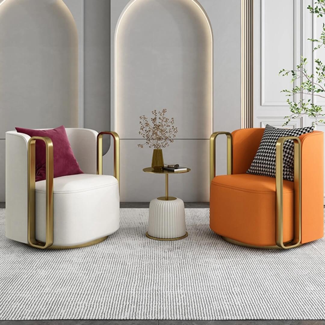 Lounge Swivel Armchair with Luxury Gold Metal Frame-Orange Velvet