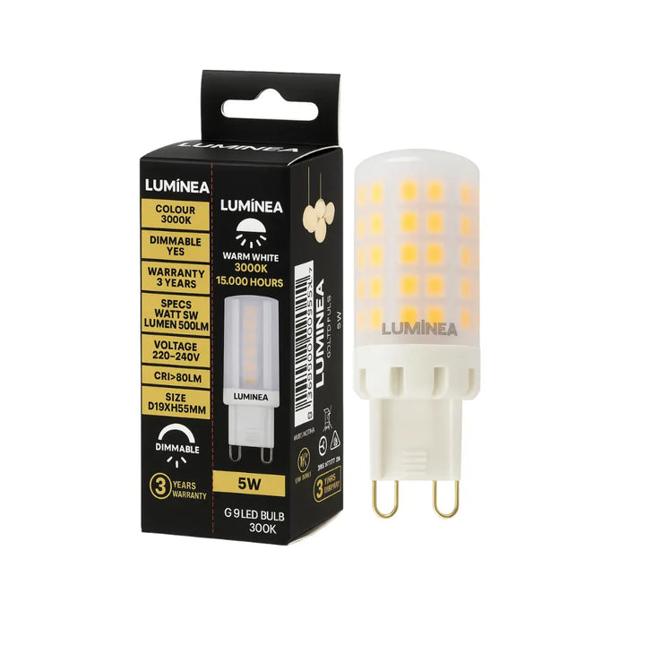 Luminea G9 5W 3000K dimmable LED bulb with CRI 80 for warm white indoor lighting
