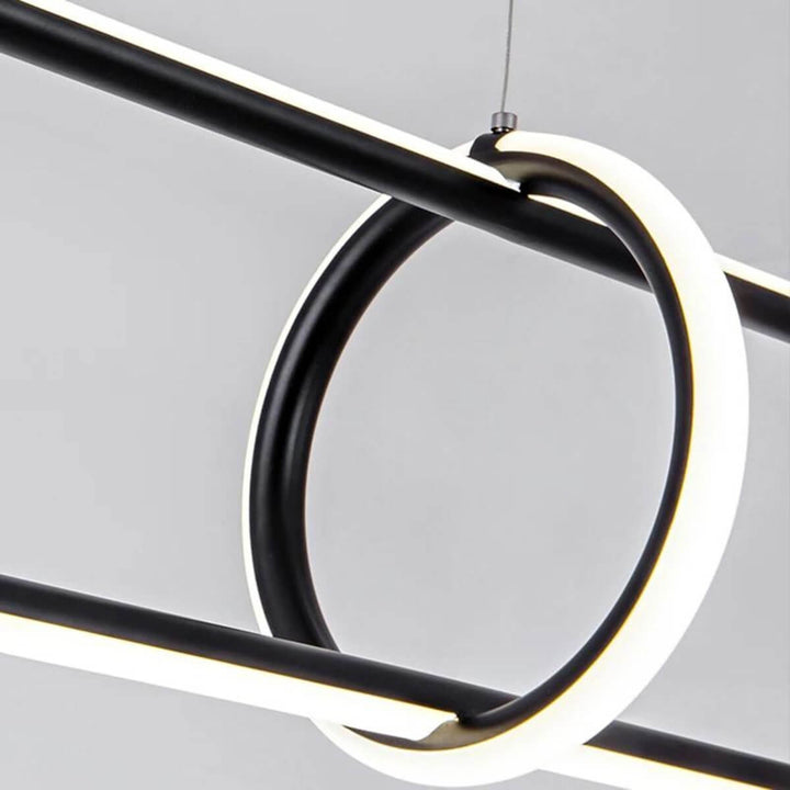Close-up detail of Luminex LED bar pendant light showcasing sleek black frame, fine craftsmanship, and smooth lighting diffuser