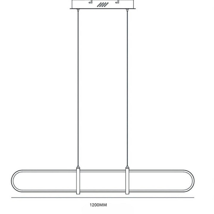 Installation and dimension diagram of Luminex LED bar pendant light, illustrating measurements and mounting specifications