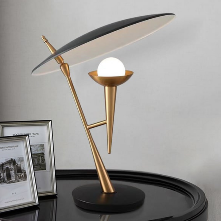 Lumino microphone-shaped modern bedside table lamp on table, adding stylish ambient light to interiors