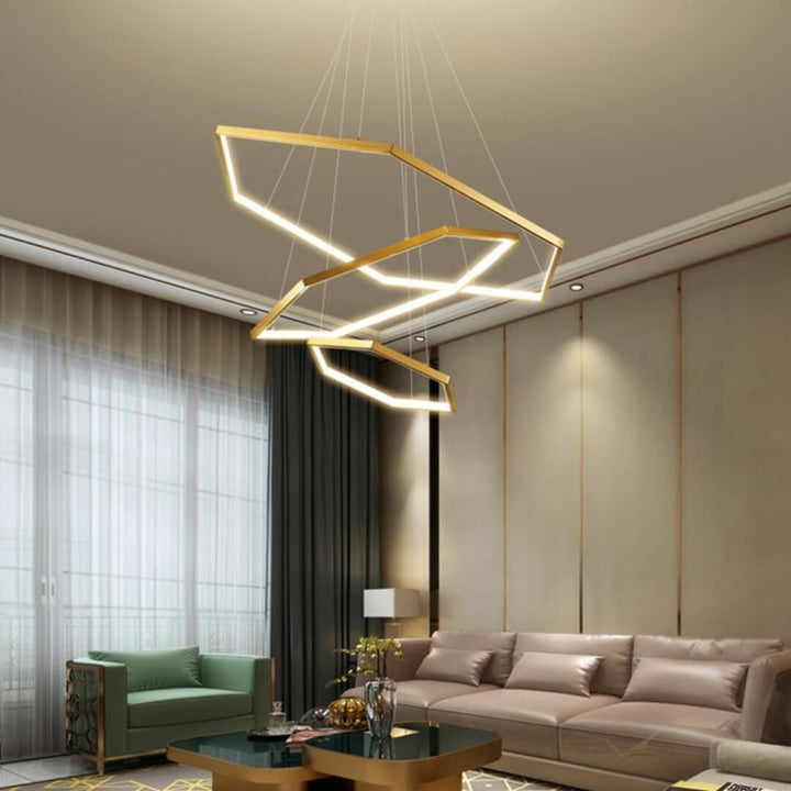 Luster 1139 ceiling light turned on in a modern living room, emitting warm ambient light for a cozy and elegant atmosphere
