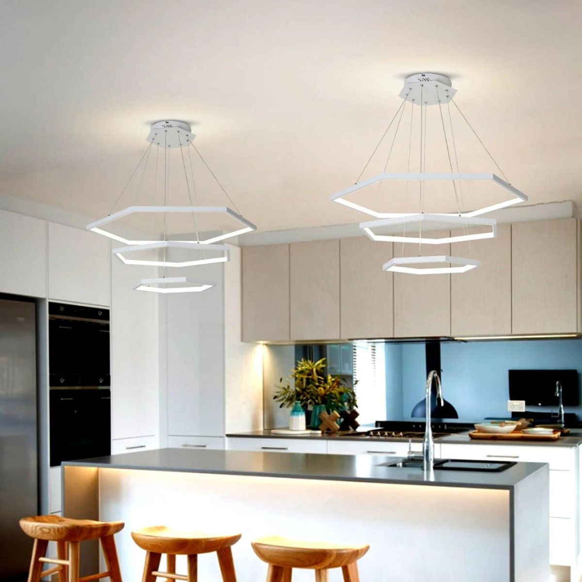 Luster 3-tier LED pendant light with layered ring design, offering modern ambient lighting for upscale interiors