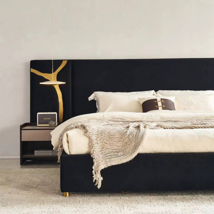 Left side view of Luxx bed design in an elegant interior – modern sleek frame with soft bedding and sophisticated bedroom decor