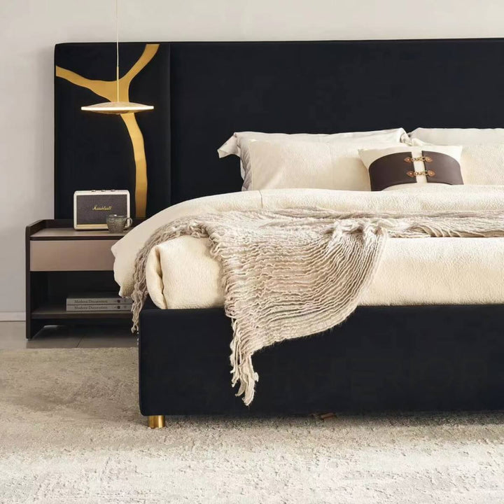 Close-up detail of Luxx bed design in an elegant interior – highlighting premium materials, fabric texture, and craftsmanship