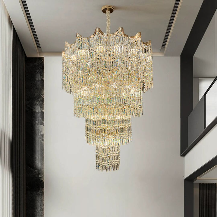 Overhead detailed shot of suspended chandelier showcasing elegant structural elements