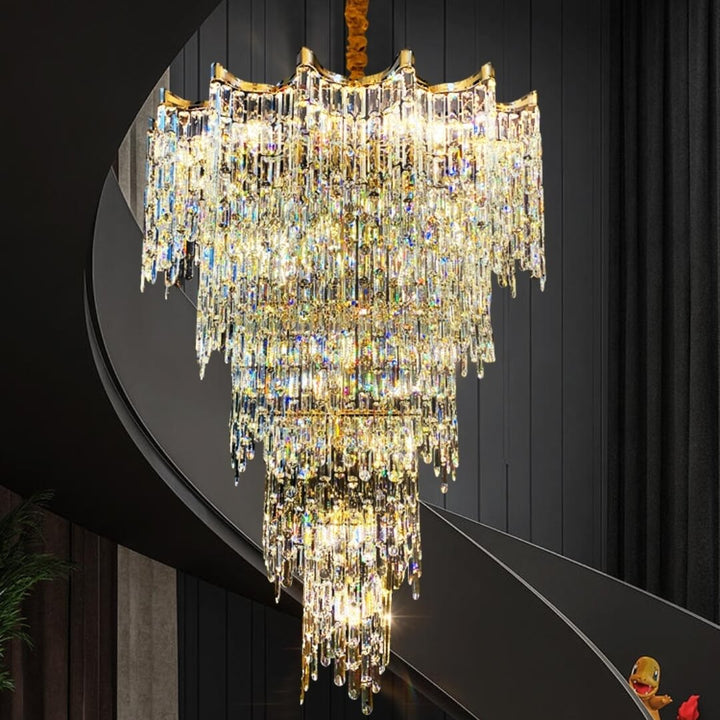 Close-up top angle of modern suspended chandelier highlighting design details
