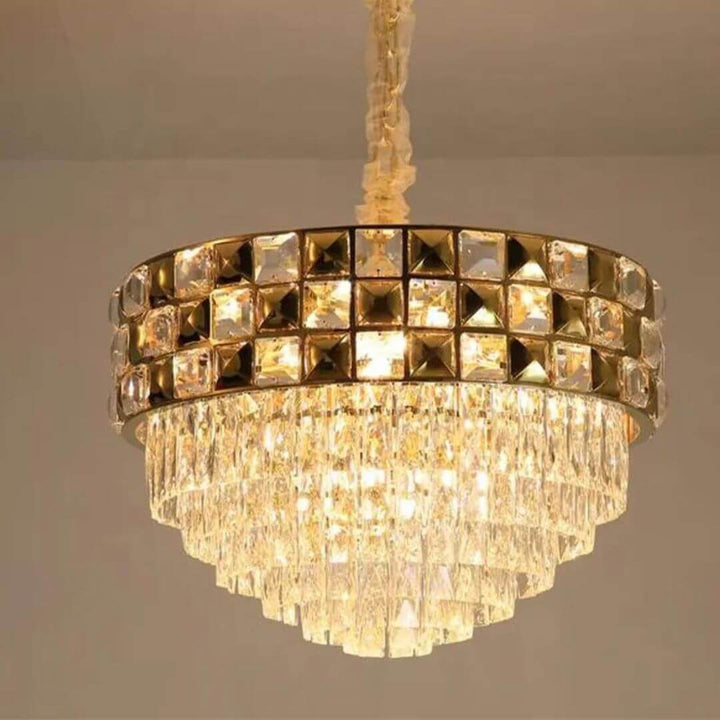 Mercury chandelier light turned on in Australia, illuminating the room with dazzling crystals and warm glow