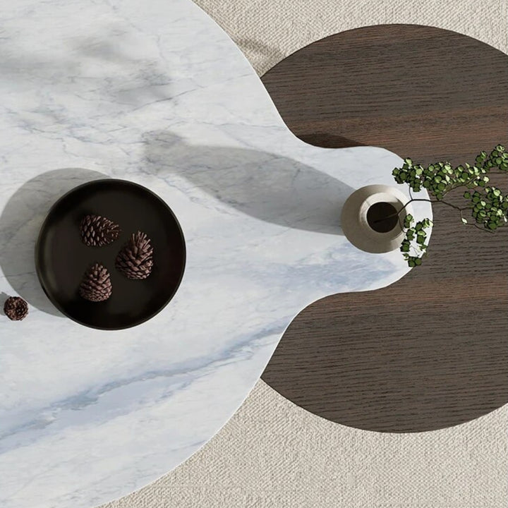 Top view of Mocha Marvel round nesting coffee table in elegant interior, showcasing modern design