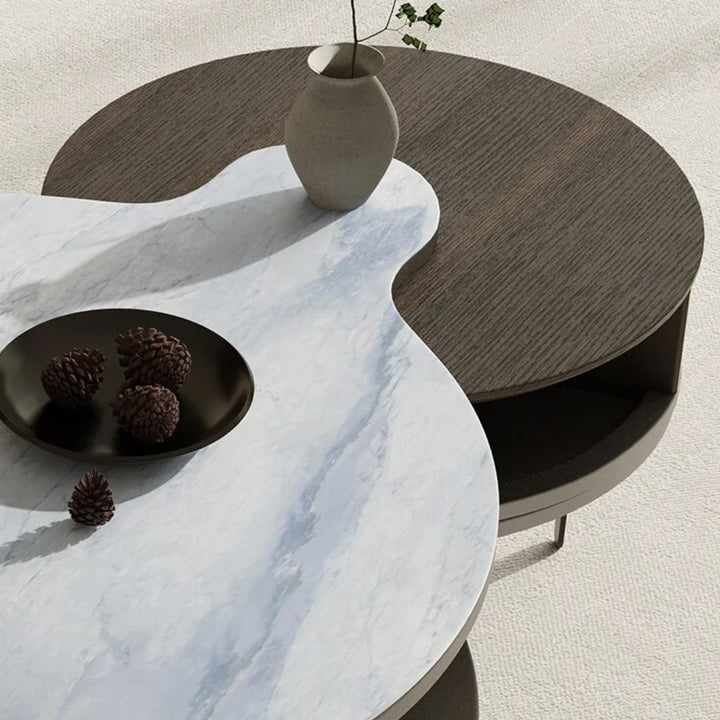 Top side view of Mocha Marvel round nesting coffee table in elegant interior, modern stylish design