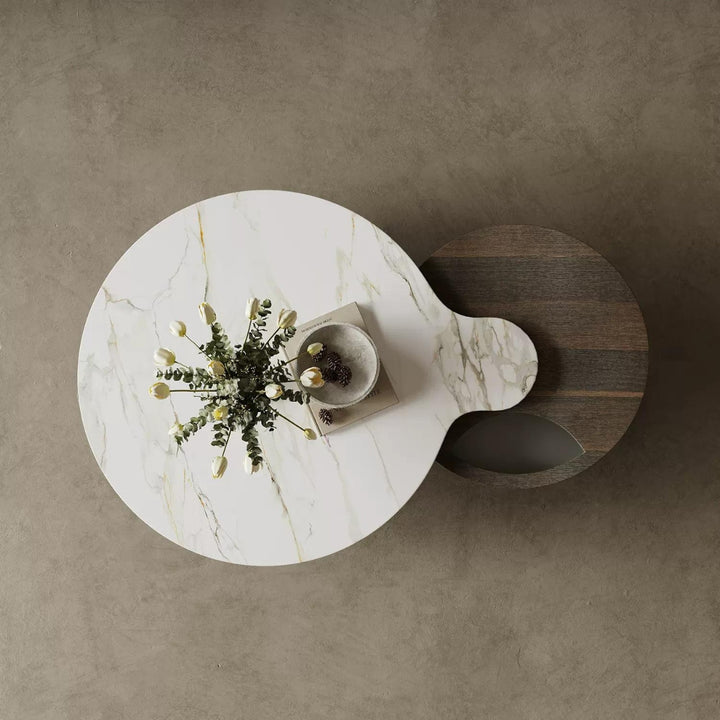 Top view of Mocha Marvel round nesting coffee table in elegant interior, showcasing sleek modern design