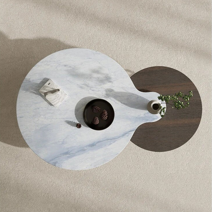 Top view of Mocha Marvel round nesting coffee table in elegant interior, showcasing sleek modern design