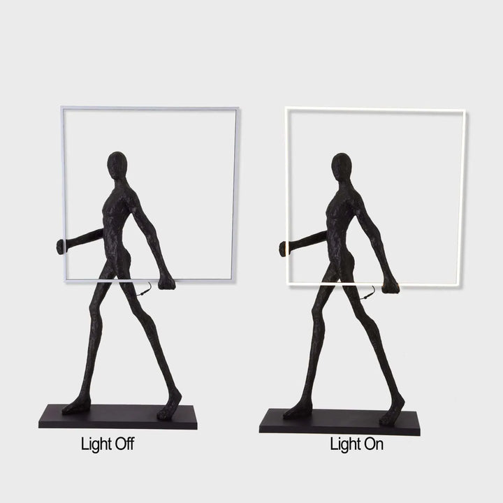 Man interacting with square LED light strip showing both light on and off states, highlighting modern design and ambient lighting contrast