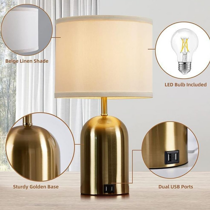 Modern metal base touch dimming bedside lamp with beige linen shade, LED bulb, sturdy golden base, and dual USB ports
