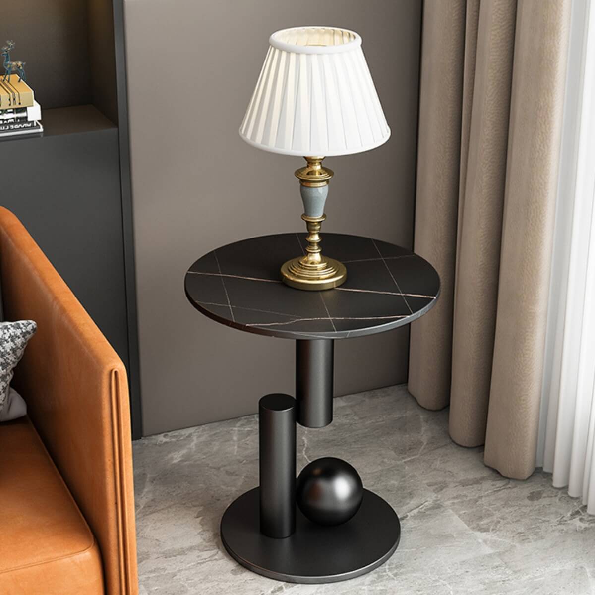 Angle front view of Monument modern side table in dining area with elegant Australian interior