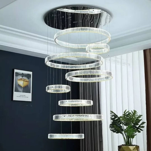 Moon 7-ring modern crystal chandelier LD1708 – elegant lighting fixture featuring seven interlocking rings adorned with sparkling crystals for a luxurious ambiance