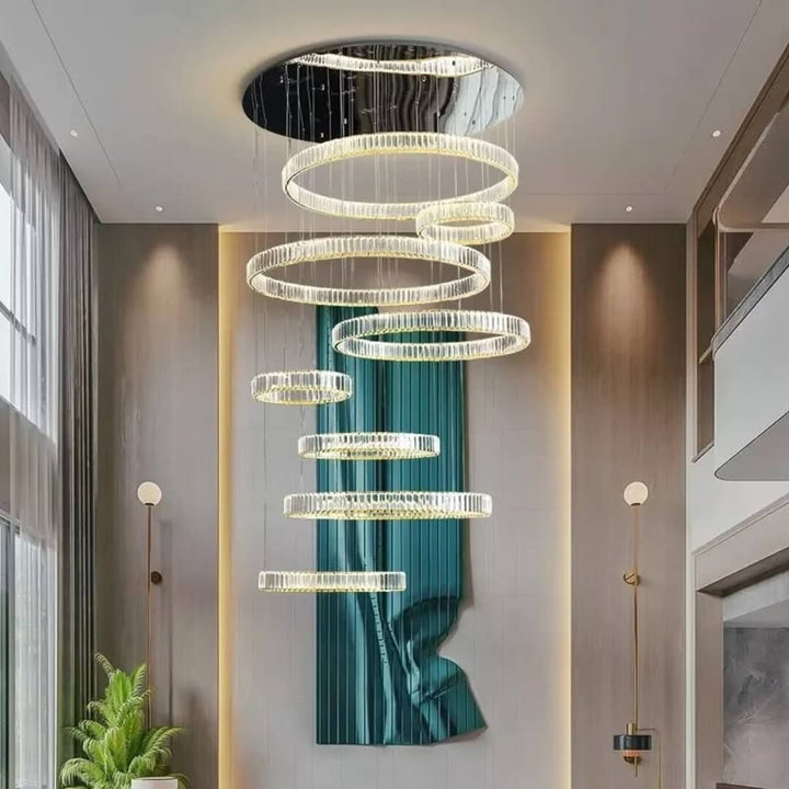 Moon 7-ring modern crystal chandelier illuminated – elegant lighting fixture featuring multiple sparkling crystal rings for luxurious ambiance