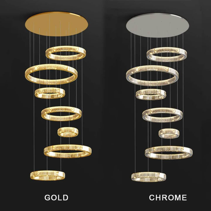 Moon 7-ring modern crystal chandelier in gold and Chrome finishes – elegant lighting fixture featuring intertwined rings with sparkling crystals for luxurious ambiance
