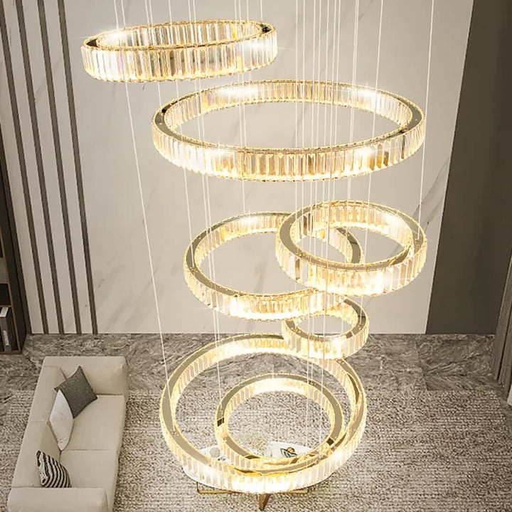 Inside upper view of Moon 7-Ring modern crystal chandelier – showcasing intricate crystal arrangement and elegant ring design