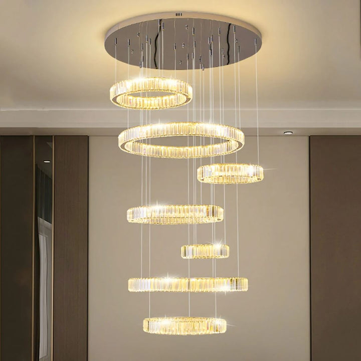 Moon 7-ring modern crystal chandelier in gold finish – elegant front view showcasing sparkling crystals and sleek circular design