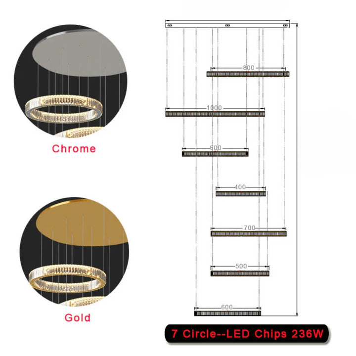 Dimension diagram of Moon 7-Ring modern crystal chandelier – detailed measurements showing diameter, height, and ring sizes for elegant lighting fixture